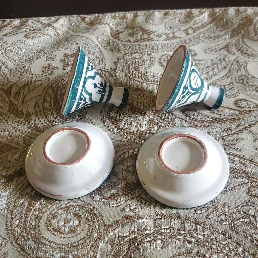 Handcrafted Ceramic Tagine Set - Green and White Set Of 2.